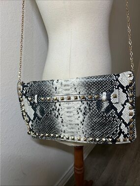 Snake-Print Studded Crossbody Bag in Black and White